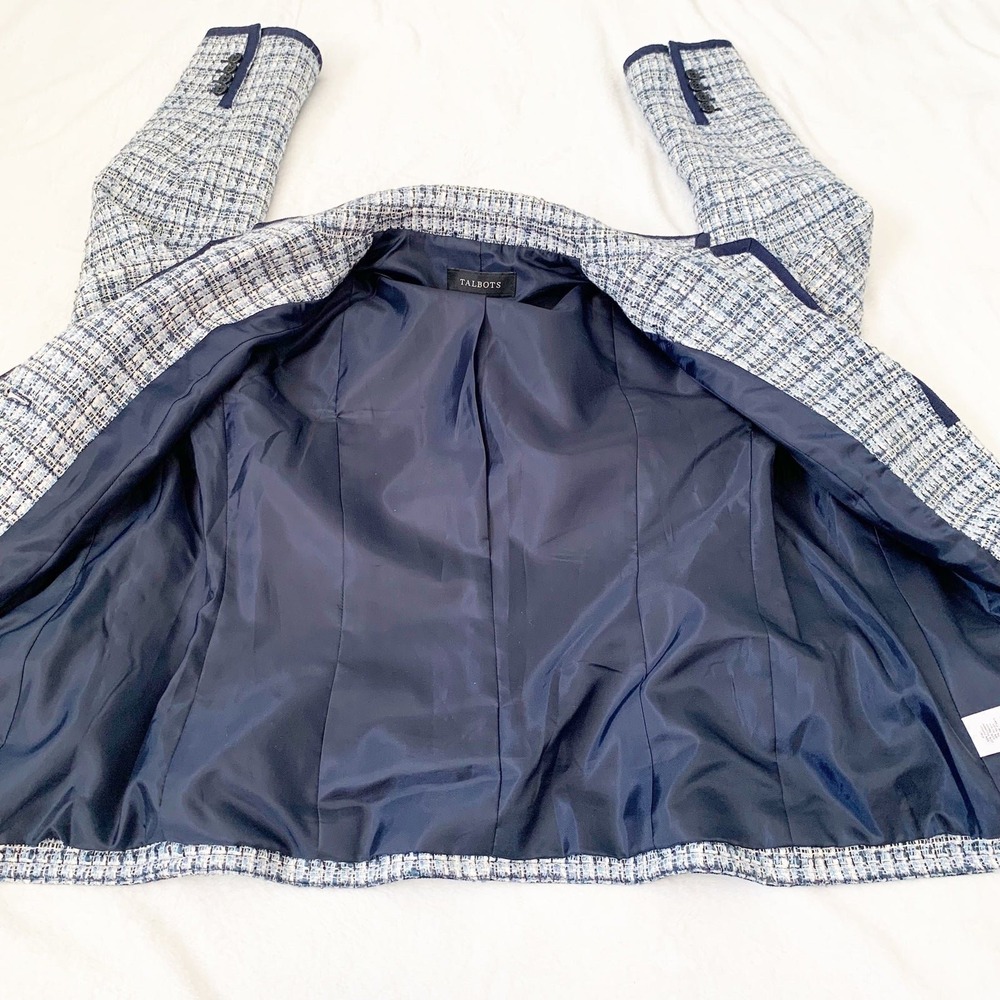 NWOT Talbots Tweed Blazer Women 10 Blue White Grosgrain Trim Textured Jacket - Picture 8 of 11
